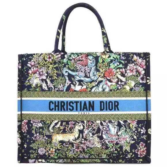 Auth Christian Dior Book Tote Large Handbag Tote Bag Navy Canvas - Picture 1 of 14